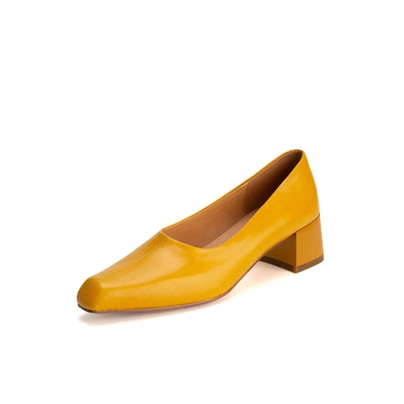 Retro Square Toe Leather Pumps Women Shoes Block Heels Slip On Office Shoes in Yellow/Green/Red