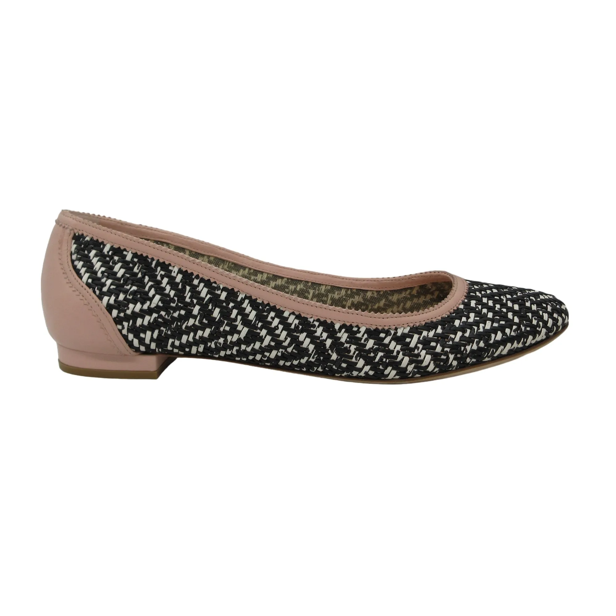 Salvatore Ferragamo Black / White / Blush Pink Woven Leather Ballet Flats