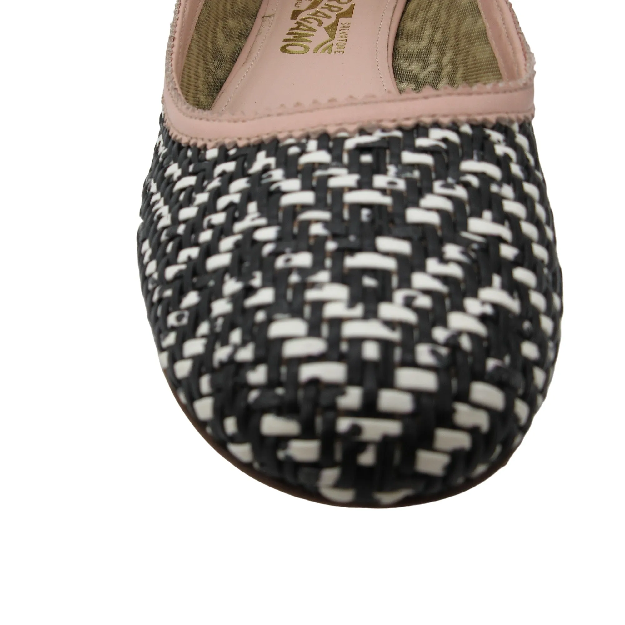 Salvatore Ferragamo Black / White / Blush Pink Woven Leather Ballet Flats