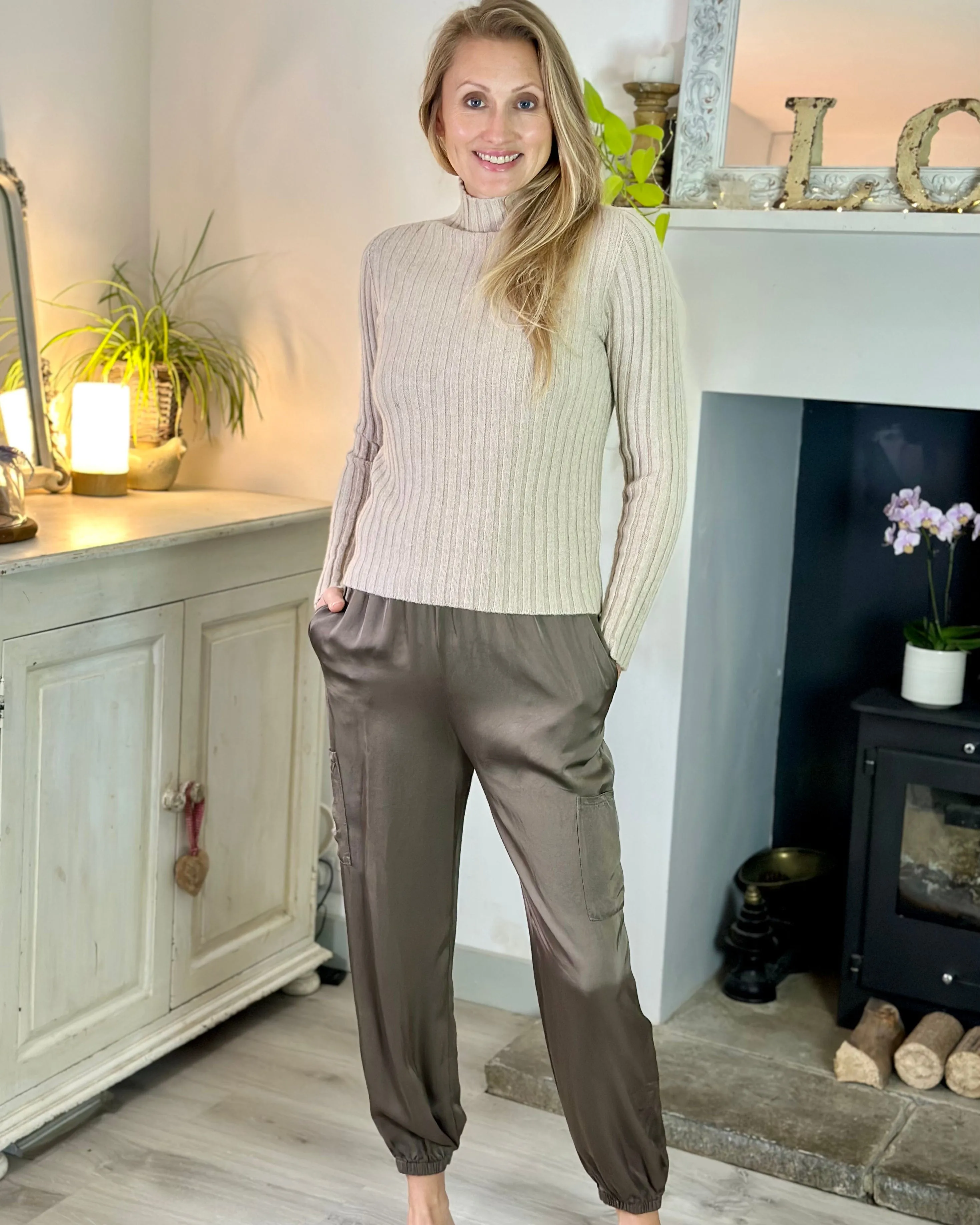 Satin Cargo Style Trousers - Mocha