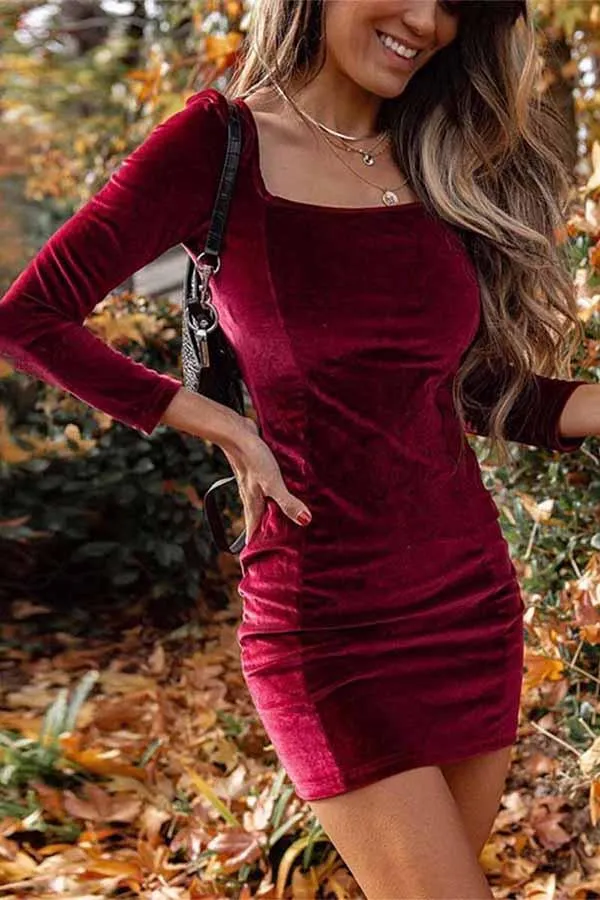 Square Neck Velvet Bodycon Mini Dress