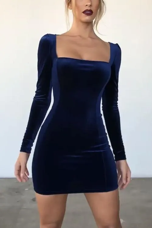 Square Neck Velvet Bodycon Mini Dress