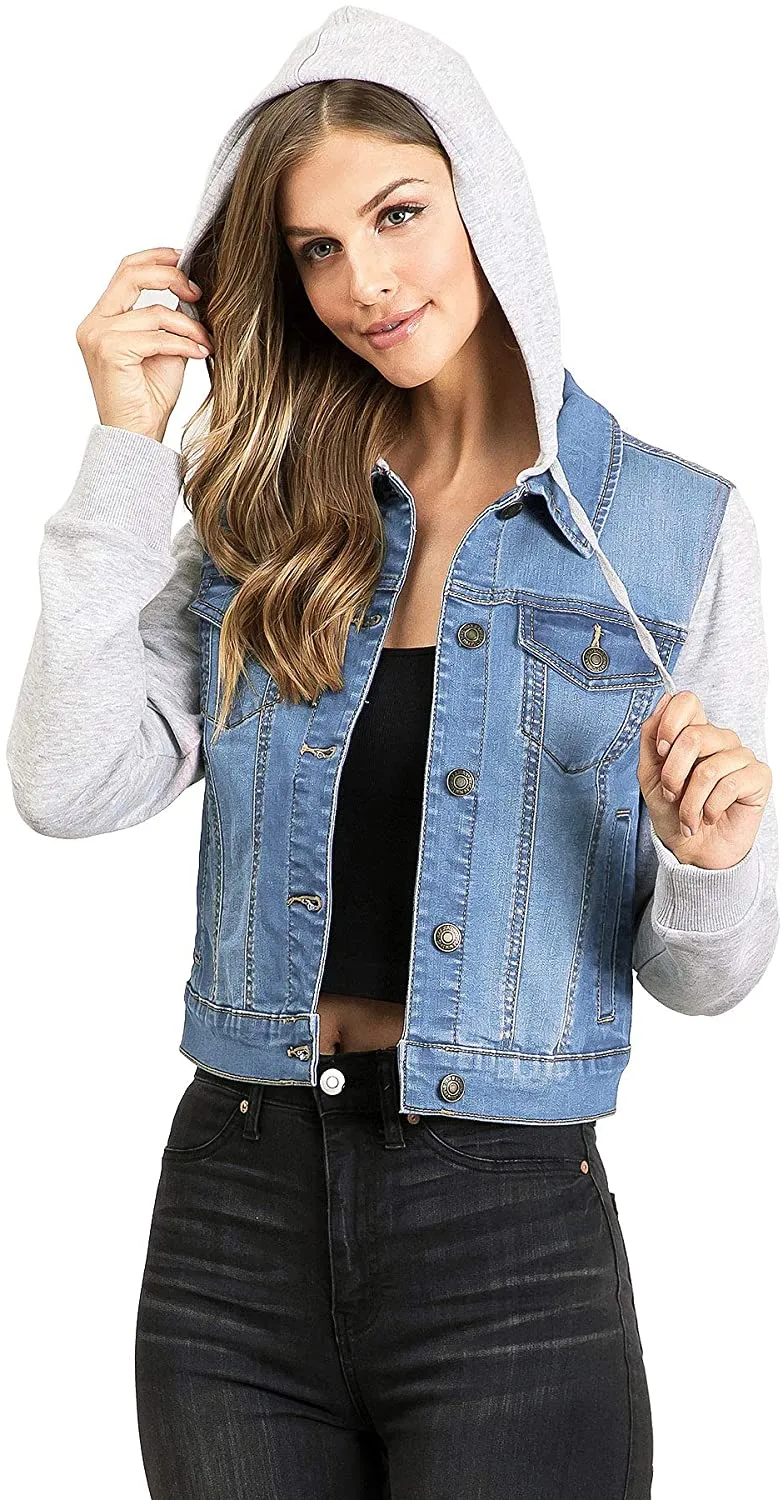 Wax Jeans Women's Fleece Sleeve and Hood Denim Jacket