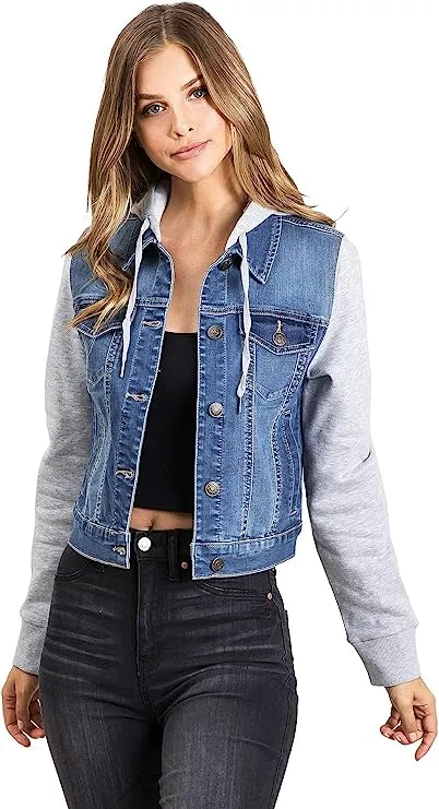 Wax Jeans Women's Fleece Sleeve and Hood Denim Jacket