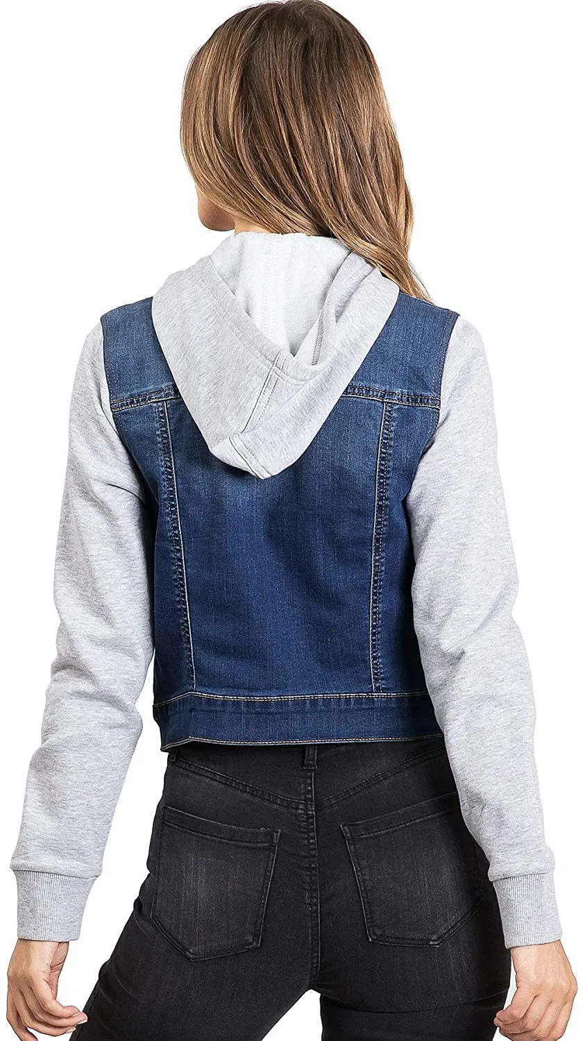 Wax Jeans Women's Fleece Sleeve and Hood Denim Jacket