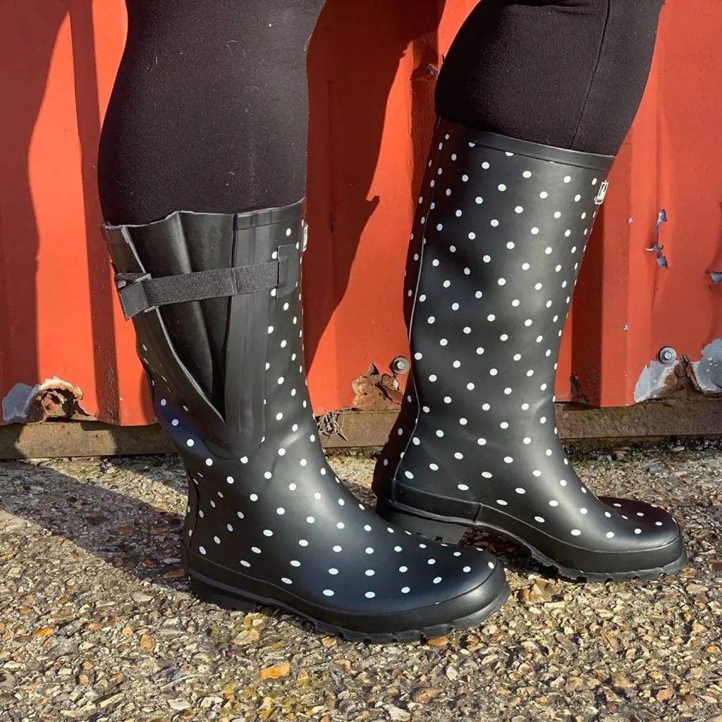 Wide Calf Rain Boots - 15 to 19 inch calf - Black Spotty- Regular Fit in Ankle