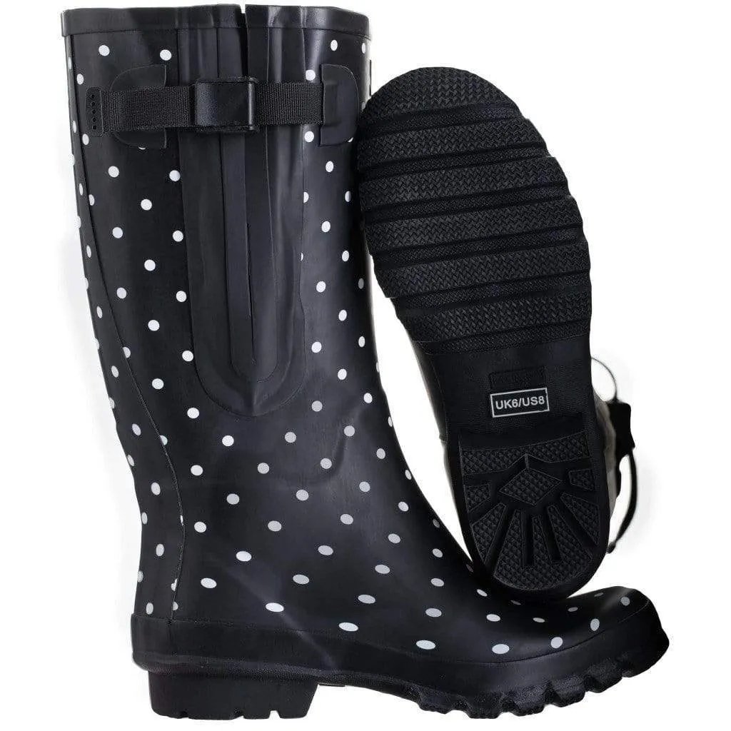 Wide Calf Rain Boots - 15 to 19 inch calf - Black Spotty- Regular Fit in Ankle