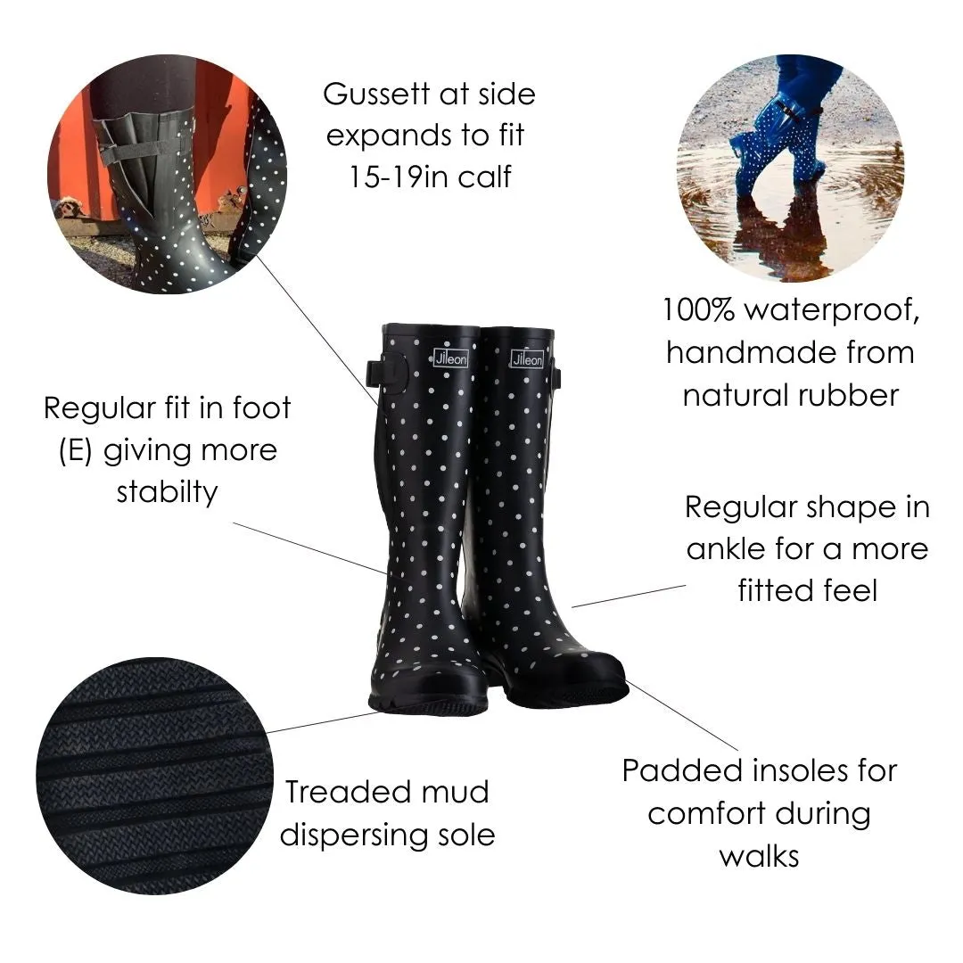 Wide Calf Rain Boots - 15 to 19 inch calf - Black Spotty- Regular Fit in Ankle