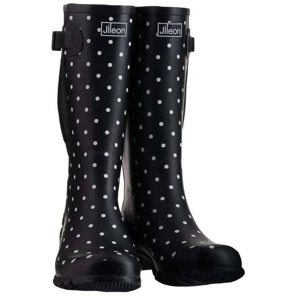 Wide Calf Rain Boots - 15 to 19 inch calf - Black Spotty- Regular Fit in Ankle