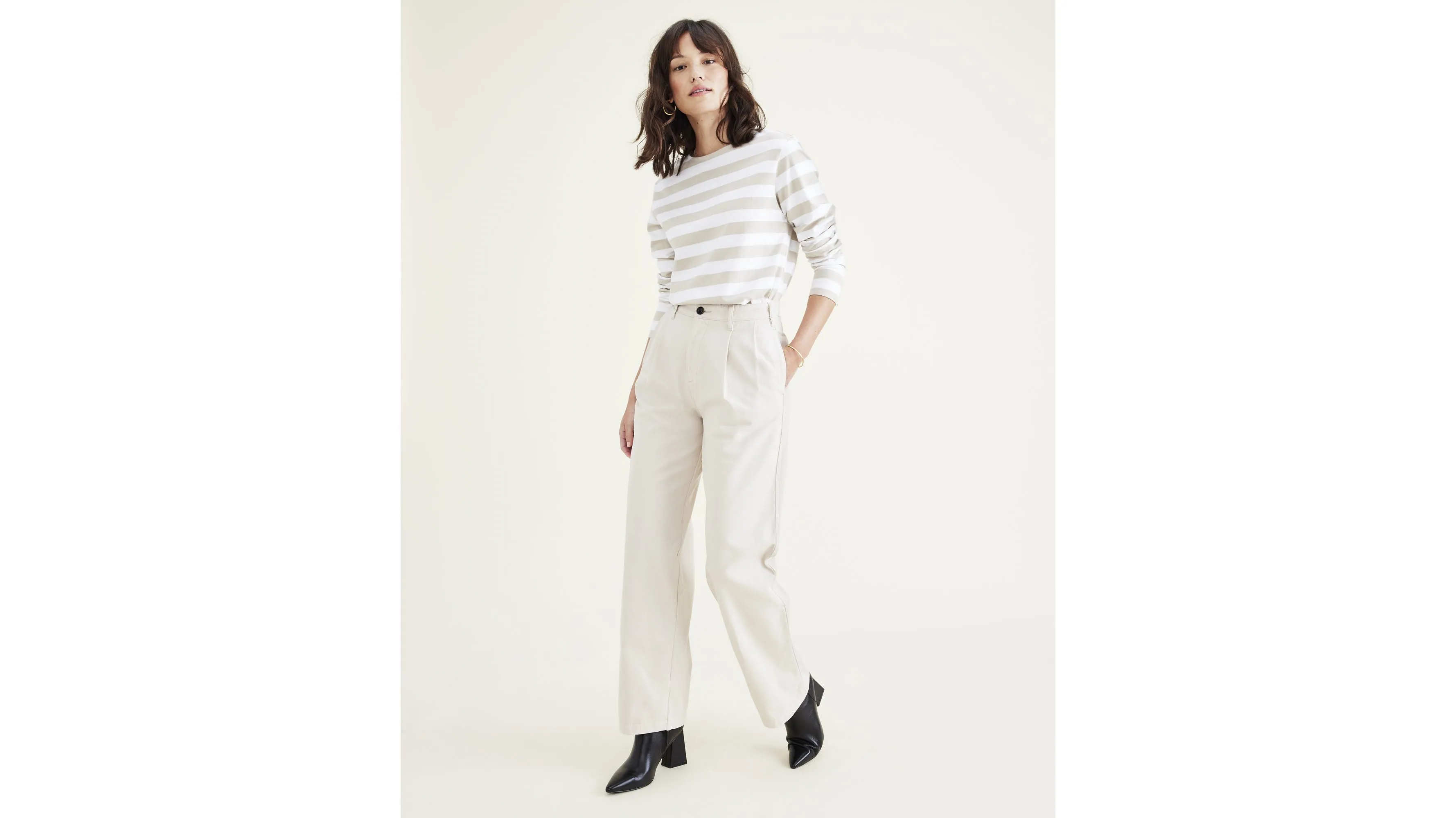 Women's Straight Fit Original Pleated High Wide Khaki Pants